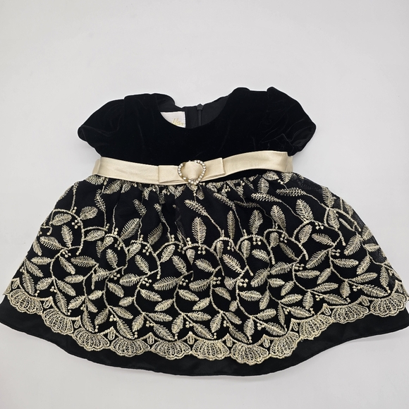 Cinderella Baby Dress Black Velvet Gold Lace Trim Party Holiday Size 9M - Picture 5 of 7